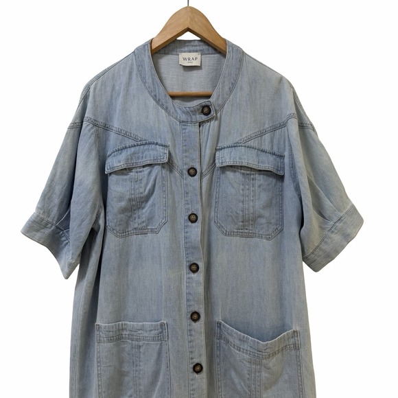 Wrap London Hemp Cotton Short Sleeve Button Up Shirt Dress US 12 UK 16 Blue - Picture 2 of 9